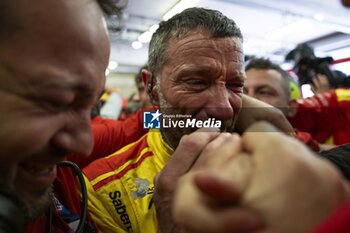 2024-06-16 - 50 FUOCO Antonio (ita), MOLINA Miguel (spa), NIELSEN Nicklas (dnk), Ferrari AF Corse, Ferrari 499P #50, Hypercar, FIA WEC, portrait, celebrating victory during the podium of the 2024 24 Hours of Le Mans, 4th round of the 2024 FIA World Endurance Championship, on the Circuit des 24 Heures du Mans, from June 15 to 16, 2024 in Le Mans, France - 24 HEURES DU MANS 2024 - PODIUM - ENDURANCE - MOTORS