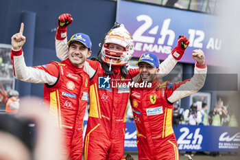 2024-06-16 - 50 FUOCO Antonio (ita), MOLINA Miguel (spa), NIELSEN Nicklas (dnk), Ferrari AF Corse, Ferrari 499P #50, Hypercar, FIA WEC, portrait, celebrating victory during the podium of the 2024 24 Hours of Le Mans, 4th round of the 2024 FIA World Endurance Championship, on the Circuit des 24 Heures du Mans, from June 15 to 16, 2024 in Le Mans, France - 24 HEURES DU MANS 2024 - PODIUM - ENDURANCE - MOTORS