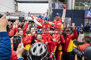 2024-06-16 - 50 FUOCO Antonio (ita), MOLINA Miguel (spa), NIELSEN Nicklas (dnk), Ferrari AF Corse, Ferrari 499P #50, Hypercar, FIA WEC, portrait, celebrating victory during the podium of the 2024 24 Hours of Le Mans, 4th round of the 2024 FIA World Endurance Championship, on the Circuit des 24 Heures du Mans, from June 15 to 16, 2024 in Le Mans, France - 24 HEURES DU MANS 2024 - PODIUM - ENDURANCE - MOTORS