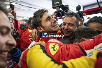 2024-06-16 - 50 FUOCO Antonio (ita), MOLINA Miguel (spa), NIELSEN Nicklas (dnk), Ferrari AF Corse, Ferrari 499P #50, Hypercar, FIA WEC, celebration during the podium of the 2024 24 Hours of Le Mans, 4th round of the 2024 FIA World Endurance Championship, on the Circuit des 24 Heures du Mans, from June 15 to 16, 2024 in Le Mans, France - 24 HEURES DU MANS 2024 - PODIUM - ENDURANCE - MOTORS