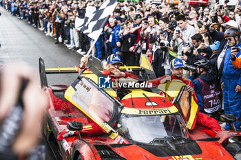 2024-06-16 - 50 FUOCO Antonio (ita), MOLINA Miguel (spa), NIELSEN Nicklas (dnk), Ferrari AF Corse, Ferrari 499P #50, Hypercar, FIA WEC, celebration during the podium of the 2024 24 Hours of Le Mans, 4th round of the 2024 FIA World Endurance Championship, on the Circuit des 24 Heures du Mans, from June 15 to 16, 2024 in Le Mans, France - 24 HEURES DU MANS 2024 - PODIUM - ENDURANCE - MOTORS