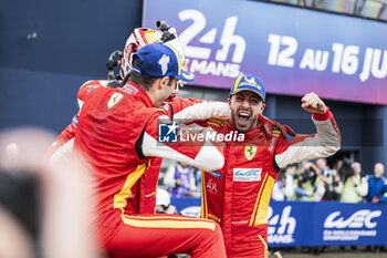 2024-06-16 - 50 FUOCO Antonio (ita), MOLINA Miguel (spa), NIELSEN Nicklas (dnk), Ferrari AF Corse, Ferrari 499P #50, Hypercar, FIA WEC, celebration during the podium of the 2024 24 Hours of Le Mans, 4th round of the 2024 FIA World Endurance Championship, on the Circuit des 24 Heures du Mans, from June 15 to 16, 2024 in Le Mans, France - 24 HEURES DU MANS 2024 - PODIUM - ENDURANCE - MOTORS