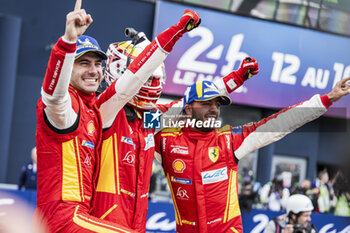 2024-06-16 - 50 FUOCO Antonio (ita), MOLINA Miguel (spa), NIELSEN Nicklas (dnk), Ferrari AF Corse, Ferrari 499P #50, Hypercar, FIA WEC, celebration during the podium of the 2024 24 Hours of Le Mans, 4th round of the 2024 FIA World Endurance Championship, on the Circuit des 24 Heures du Mans, from June 15 to 16, 2024 in Le Mans, France - 24 HEURES DU MANS 2024 - PODIUM - ENDURANCE - MOTORS