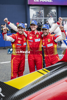 2024-06-16 - 50 FUOCO Antonio (ita), MOLINA Miguel (spa), NIELSEN Nicklas (dnk), Ferrari AF Corse, Ferrari 499P #50, Hypercar, FIA WEC, celebration during the podium of the 2024 24 Hours of Le Mans, 4th round of the 2024 FIA World Endurance Championship, on the Circuit des 24 Heures du Mans, from June 15 to 16, 2024 in Le Mans, France - 24 HEURES DU MANS 2024 - PODIUM - ENDURANCE - MOTORS