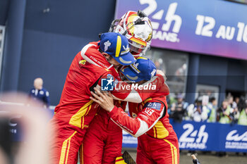 2024-06-16 - 50 FUOCO Antonio (ita), MOLINA Miguel (spa), NIELSEN Nicklas (dnk), Ferrari AF Corse, Ferrari 499P #50, Hypercar, FIA WEC, celebration during the podium of the 2024 24 Hours of Le Mans, 4th round of the 2024 FIA World Endurance Championship, on the Circuit des 24 Heures du Mans, from June 15 to 16, 2024 in Le Mans, France - 24 HEURES DU MANS 2024 - PODIUM - ENDURANCE - MOTORS