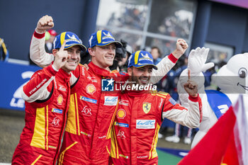 2024-06-16 - 50 FUOCO Antonio (ita), MOLINA Miguel (spa), NIELSEN Nicklas (dnk), Ferrari AF Corse, Ferrari 499P #50, Hypercar, FIA WEC, celebration during the podium of the 2024 24 Hours of Le Mans, 4th round of the 2024 FIA World Endurance Championship, on the Circuit des 24 Heures du Mans, from June 15 to 16, 2024 in Le Mans, France - 24 HEURES DU MANS 2024 - PODIUM - ENDURANCE - MOTORS