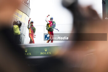 2024-06-16 - 50 FUOCO Antonio (ita), MOLINA Miguel (spa), NIELSEN Nicklas (dnk), Ferrari AF Corse, Ferrari 499P #50, Hypercar, FIA WEC, celebration during the podium of the 2024 24 Hours of Le Mans, 4th round of the 2024 FIA World Endurance Championship, on the Circuit des 24 Heures du Mans, from June 15 to 16, 2024 in Le Mans, France - 24 HEURES DU MANS 2024 - PODIUM - ENDURANCE - MOTORS