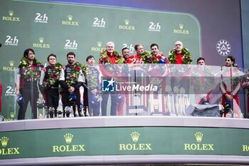 2024-06-16 - 50 FUOCO Antonio (ita), MOLINA Miguel (spa), NIELSEN Nicklas (dnk), Ferrari AF Corse, Ferrari 499P #50, Hypercar, FIA WEC, celebration during the podium of the 2024 24 Hours of Le Mans, 4th round of the 2024 FIA World Endurance Championship, on the Circuit des 24 Heures du Mans, from June 15 to 16, 2024 in Le Mans, France - 24 HEURES DU MANS 2024 - PODIUM - ENDURANCE - MOTORS