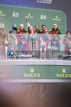 2024-06-16 - 50 FUOCO Antonio (ita), MOLINA Miguel (spa), NIELSEN Nicklas (dnk), Ferrari AF Corse, Ferrari 499P #50, Hypercar, FIA WEC, celebration during the podium of the 2024 24 Hours of Le Mans, 4th round of the 2024 FIA World Endurance Championship, on the Circuit des 24 Heures du Mans, from June 15 to 16, 2024 in Le Mans, France - 24 HEURES DU MANS 2024 - PODIUM - ENDURANCE - MOTORS