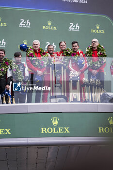 2024-06-16 - 50 FUOCO Antonio (ita), MOLINA Miguel (spa), NIELSEN Nicklas (dnk), Ferrari AF Corse, Ferrari 499P #50, Hypercar, FIA WEC, celebration during the podium of the 2024 24 Hours of Le Mans, 4th round of the 2024 FIA World Endurance Championship, on the Circuit des 24 Heures du Mans, from June 15 to 16, 2024 in Le Mans, France - 24 HEURES DU MANS 2024 - PODIUM - ENDURANCE - MOTORS