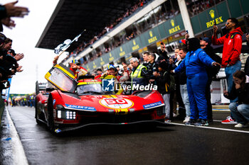 2024-05-30 - 50 FUOCO Antonio (ita), MOLINA Miguel (spa), NIELSEN Nicklas (dnk), Ferrari AF Corse, Ferrari 499P #50, Hypercar, FIA WEC, victorylane during the podium of the 2024 24 Hours of Le Mans, 4th round of the 2024 FIA World Endurance Championship, on the Circuit des 24 Heures du Mans, from June 15 to 16, 2024 in Le Mans, France - 24 HEURES DU MANS 2024 - PODIUM - ENDURANCE - MOTORS