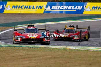 2024-07-12 - 51 PIER GUIDI Alessandro (ita), CALADO James (gbr), GIOVINAZZI Antonio (ita), Ferrari AF Corse, Ferrari 499P #51, Hypercar, action, 50 FUOCO Antonio (ita), MOLINA Miguel (spa), NIELSEN Nicklas (dnk), Ferrari AF Corse, Ferrari 499P #50, Hypercar, action, during the 2024 Rolex 6 Hours of Sao Paulo, 5th round of the 2024 FIA World Endurance Championship, from July 12 to 14, 2024 on the Autódromo José Carlos Pace in Interlagos, Brazil - FIA WEC - 6 HOURS OF SAO PAULO 2024 - ENDURANCE - MOTORS