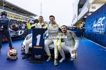 2024-07-14 - 92 MALYKHIN Aliaksandr (kna), STURM Joel (ger), BACHLER Klaus (aut), Manthey Purerxcing, Porsche 911 GT3 R #91, LM GT3, celebrating their win during the 2024 Rolex 6 Hours of Sao Paulo, 5th round of the 2024 FIA World Endurance Championship, from July 12 to 14, 2024 on the Autódromo José Carlos Pace in Interlagos, Brazil - FIA WEC - 6 HOURS OF SAO PAULO 2024 - ENDURANCE - MOTORS