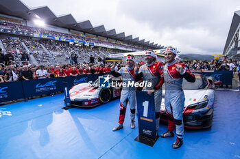 2024-09-15 - 54 FLOHR Thomas (swi), CASTELLACCI Francesco (ita), RIGON Davide (ita), Vista AF Corse, Ferrari 296 GT3 #54, LM GT3, celebrate their win during the 2024 6 Hours of Fuji, 7th round of the 2024 FIA World Endurance Championship, from September 13 to 15, 2024 on the Fuji Speedway in Oyama, Shizuoka, Japan - FIA WEC - 6 HOURS OF FUJI 2024 - ENDURANCE - MOTORS