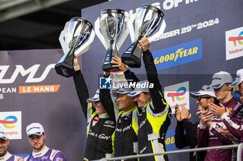 2024-09-29 - 57 KIMURA Takeshi (jpn), MASSON Esteban (fra), SERRA Daniel (bra), Kessel Racing, Ferrari 296 LMGT3, podium portrait during the 4 Hours of Mugello 2024, 5th round of the 2024 European Le Mans Series on the Mugello Circuit from September 26 to 29, 2024 in Scarperia e San Piero, Italy - AUTO - ELMS - 4 HOURS OF MUGELLO 2024 - ENDURANCE - MOTORS