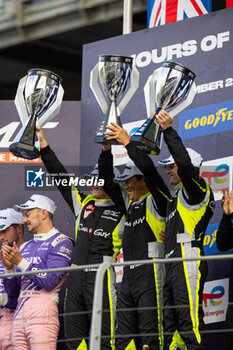 2024-09-29 - 57 KIMURA Takeshi (jpn), MASSON Esteban (fra), SERRA Daniel (bra), Kessel Racing, Ferrari 296 LMGT3, podium portrait during the 4 Hours of Mugello 2024, 5th round of the 2024 European Le Mans Series on the Mugello Circuit from September 26 to 29, 2024 in Scarperia e San Piero, Italy - AUTO - ELMS - 4 HOURS OF MUGELLO 2024 - ENDURANCE - MOTORS