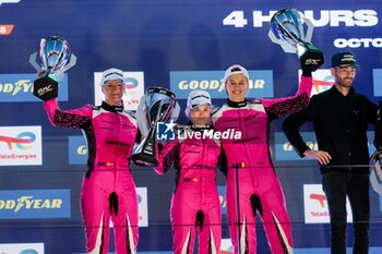 2024-10-19 - 85 BOVY Sarah (bel), FREY Rahel (swi), GATTING Michelle (dnk), Iron Dames, Lamborghini Huracan LMGT3 Evo2, action at the podium, portrait during the 4 Hours of Portimao 2024, 6th round of the 2024 European Le Mans Series on the Algarve International Circuit from October 16 to 19, 2024 in Portimao, Portugal - AUTO - ELMS - 4 HOURS OF PORTIMAO 2024 - ENDURANCE - MOTORS