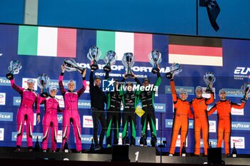 2024-10-19 - 63 HAMAGUCHI Hiroshi (jpn), JEFFERIES Axcil (zwe), CALDARELLI Andrea (mco), Iron Lynx, Lamborghini Huracan LMGT3 Evo2, action 85 BOVY Sarah (bel), FREY Rahel (swi), GATTING Michelle (dnk), Iron Dames, Lamborghini Huracan LMGT3 Evo2, action 60 SCHIAVONI Claudio (swi), CRESSONI Matteo (ita), ANDLAUER Julien (fra), Proton Competition, Porsche 911 GT3 R LMGT3, action at the podium, portrait during the 4 Hours of Portimao 2024, 6th round of the 2024 European Le Mans Series on the Algarve International Circuit from October 16 to 19, 2024 in Portimao, Portugal - AUTO - ELMS - 4 HOURS OF PORTIMAO 2024 - ENDURANCE - MOTORS