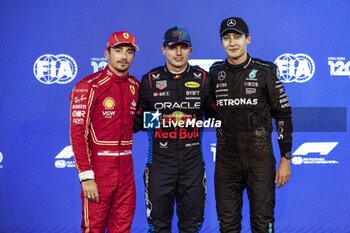 2024-03-01 - VERSTAPPEN Max (ned), Red Bull Racing RB20, portrait LECLERC Charles (mco), Scuderia Ferrari SF-24, portrait RUSSELL George (gbr), Mercedes AMG F1 Team W15, portrait pole position during the Formula 1 Gulf Air Bahrain Grand Prix 2024, 1st round of the 2024 FIA Formula One World Championship from February 29 to March 2, 2024 on the Bahrain International Circuit, in Sakhir, Bahrain - F1 - BAHRAIN GRAND PRIX 2024 - FORMULA 1 - MOTORS