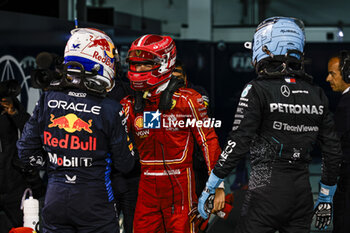 2024-03-01 - VERSTAPPEN Max (ned), Red Bull Racing RB20, portrait RUSSELL George (gbr), Mercedes AMG F1 Team W15, portrait LECLERC Charles (mco), Scuderia Ferrari SF-24, portrait during the Formula 1 Gulf Air Bahrain Grand Prix 2024, 1st round of the 2024 FIA Formula One World Championship from February 29 to March 2, 2024 on the Bahrain International Circuit, in Sakhir, Bahrain - F1 - BAHRAIN GRAND PRIX 2024 - FORMULA 1 - MOTORS