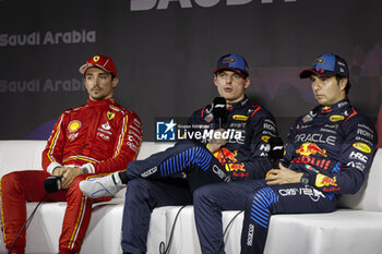 2024-03-08 - VERSTAPPEN Max (ned), Red Bull Racing RB20, LECLERC Charles (mco), Scuderia Ferrari SF-24 and PEREZ Sergio (mex), Red Bull Racing RB20, portrait, press conference during the Formula 1 STC Saudi Arabian Grand Prix 2024, 2nd round of the 2024 Formula One World Championship from March 7 to 9, 2024 on the Jeddah Corniche Circuit, in Jeddah, Saudi Arabia - F1 - SAUDI ARABIAN GRAND PRIX 2024 - FORMULA 1 - MOTORS