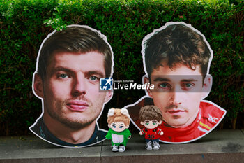 2024-04-21 - Face sticker of VERSTAPPEN Max (ned), Red Bull Racing RB20, portrait and LECLERC Charles (mco), Scuderia Ferrari SF-24, portrait during the Formula 1 Lenovo Chinese Grand Prix 2024, 5th round of the 2024 Formula One World Championship from April 19 to 21, 2024 on the Shanghai International Circuit, in Shanghai, China - F1 - CHINESE GRAND PRIX 2024 - FORMULA 1 - MOTORS