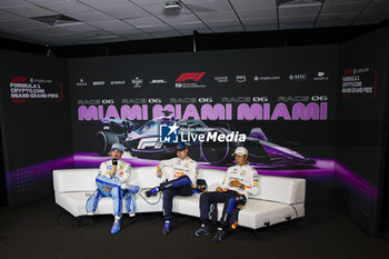 04/05/2024 - Sprint Race Press conference, LECLERC Charles (mco), Scuderia Ferrari HP SF-24, VERSTAPPEN Max (ned), Red Bull Racing RB20, PEREZ Sergio (mex), Red Bull Racing RB20, portrait during the Formula 1 Crypto.com Miami Grand Prix 2024, 6th round of the 2024 Formula One World Championship from May 3 to 5, 2024 on the Miami International Autodrome, in Miami, United States of America - F1 - MIAMI GRAND PRIX 2024 - FORMULA 1 - MOTORI