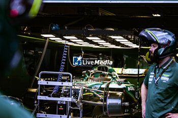 2024-05-23 - The Team Aston Martin Aramco Formula One Team, Aston Martin AMR24 in Box During Fia Formula One World Championship F1 Monaco 2024, 23 May , In Monte-Carlo , Monaco - FORMULA 1 GRAND PRIX DE MONACO - PADDOCK - FORMULA 1 - MOTORS