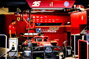 2024-05-23 - #16 Charles Leclerc Of The Team Scuderia Ferrari HP, Ferrari SF-24 in Box During Fia Formula One World Championship F1 Monaco 2024, 23 May , In Monte-Carlo , Monaco - FORMULA 1 GRAND PRIX DE MONACO - PADDOCK - FORMULA 1 - MOTORS