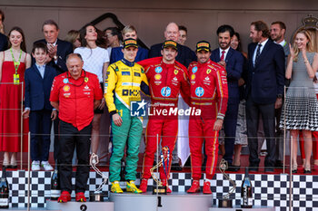 2024-05-26 - Podium: LECLERC Charles (mco), Scuderia Ferrari SF-24, SAINZ Carlos (spa), Scuderia Ferrari SF-24, PIASTRI Oscar (aus), McLaren F1 Team MCL38, portrait, during the Formula 1 Grand Prix de Monaco 2024, 8th round of the 2024 Formula One World Championship from May 23 to 26, 2024 on the Circuit de Monaco, in Monaco - F1 - MONACO GRAND PRIX 2024 - FORMULA 1 - MOTORS