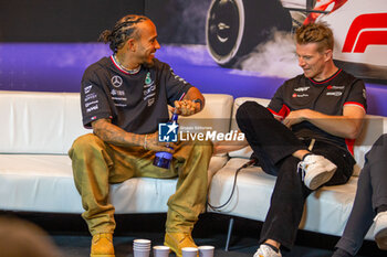 2024-06-06 - Nico Hulkenberg (GER) - MoneyGram Haas F1 Team - Haas VF-24 - Ferrari and Lewis Hamilton (GBR) - Mercedes-AMG PETRONAS F1 Team - Mercedes W15 - Mercedes E Performance during drivers press conference Formula 1 Aws Grand Prix du Canada 2024, Montreal, Quebec, Canada, from Jun 6th to 9th - Rounfd 9 of 24 of 2024 F1 World Championship - FORMULA 1 AWS GRAND PRIX DU CANADA 2024 - FORMULA 1 - MOTORS