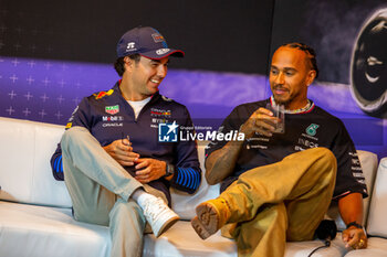 2024-06-06 - Sergio Perez (MEX) - Oracle Red Bull Racing - Red Bull RB20 - Honda RBPT and Lewis Hamilton (GBR) - Mercedes-AMG PETRONAS F1 Team - Mercedes W15 - Mercedes E Performance during drivers press conference Formula 1 Aws Grand Prix du Canada 2024, Montreal, Quebec, Canada, from Jun 6th to 9th - Rounfd 9 of 24 of 2024 F1 World Championship - FORMULA 1 AWS GRAND PRIX DU CANADA 2024 - FORMULA 1 - MOTORS