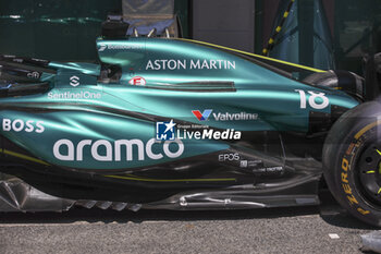 2024-06-21 - Aston Martin F1 Team AMR23, mechanical detail, sidepod, during the Formula 1 Aramco Gran Premio de Espana 2024, 10th round of the 2024 Formula One World Championship from June 21 to 23, 2024 on the Circuit de Barcelona-Catalunya, in Montmeló, Spain - F1 - SPANISH GRAND PRIX 2024 - FORMULA 1 - MOTORS