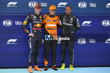 2024-06-22 - VERSTAPPEN Max (ned), Red Bull Racing RB20, portrait, NORRIS Lando (gbr), McLaren F1 Team MCL38, portrait and HAMILTON Lewis (gbr), Mercedes AMG F1 Team W15, portrait during the Formula 1 Aramco Gran Premio de Espana 2024, 10th round of the 2024 Formula One World Championship from June 21 to 23, 2024 on the Circuit de Barcelona-Catalunya, in Montmeló, Spain - F1 - SPANISH GRAND PRIX 2024 - FORMULA 1 - MOTORS