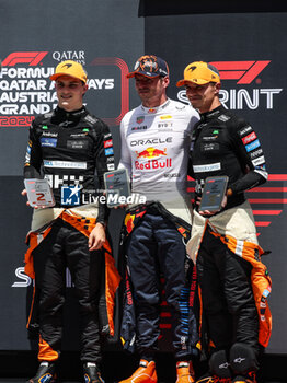 2024-06-29 - VERSTAPPEN Max (ned), Red Bull Racing RB20, portrait NORRIS Lando (gbr), McLaren F1 Team MCL38, portrait PIASTRI Oscar (aus), McLaren F1 Team MCL38, portrait podium sprint race during the Formula 1 Qatar Airways Austrian Grand Prix 2024, 11th round of the 2024 Formula One World Championship from June 28 to 30, 2024 on the Red Bull Ring, in Spielberg, Austria - F1 - AUSTRIAN GRAND PRIX 2024 - FORMULA 1 - MOTORS