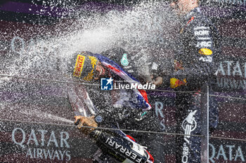 2024-07-07 - Lewis Hamilton (GBR) - Mercedes-AMG PETRONAS F1 Team - Mercedes W15 - Mercedes E Performance on the podium after winning the Race on day 4, Sunday july 7, 2024 of the formula 1 qatar airways british grand prix 2024, scheduled to take place at the silverstone circuit from july 5 to july 7, 2024 - FORMULA 1 - QATAR AIRWAYS BRITISHGRAND PRIX 2024 - RACE - FORMULA 1 - MOTORS