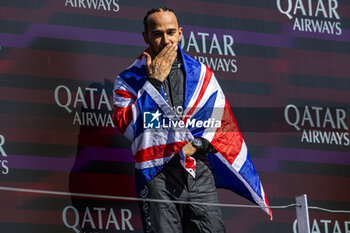 2024-07-07 - Lewis Hamilton (GBR) - Mercedes-AMG PETRONAS F1 Team - Mercedes W15 - Mercedes E Performance on the podium after winning the Race on day 4, Sunday july 7, 2024 of the formula 1 qatar airways british grand prix 2024, scheduled to take place at the silverstone circuit from july 5 to july 7, 2024 - FORMULA 1 - QATAR AIRWAYS BRITISHGRAND PRIX 2024 - RACE - FORMULA 1 - MOTORS