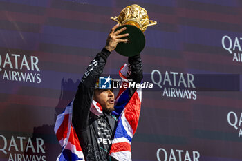 2024-07-07 - Lewis Hamilton (GBR) - Mercedes-AMG PETRONAS F1 Team - Mercedes W15 - Mercedes E Performance on the podium after winning the Race on day 4, Sunday july 7, 2024 of the formula 1 qatar airways british grand prix 2024, scheduled to take place at the silverstone circuit from july 5 to july 7, 2024 - FORMULA 1 - QATAR AIRWAYS BRITISHGRAND PRIX 2024 - RACE - FORMULA 1 - MOTORS