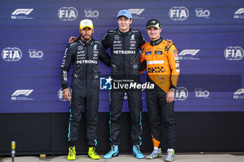 2024-07-06 - HAMILTON Lewis (gbr), Mercedes AMG F1 Team W15, RUSSELL George (gbr), Mercedes AMG F1 Team W15 and NORRIS Lando (gbr), McLaren F1 Team MCL38, portrait during the Formula 1 Qatar Airways British Grand Prix 2024, 12th round of the 2024 Formula One World Championship from July 5 to 7, 2024 on the Silverstone Circuit, in Silverstone, United Kingdom - F1 - BRITISH GRAND PRIX 2024 - FORMULA 1 - MOTORS