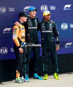 2024-07-06 - NORRIS Lando (gbr), McLaren F1 Team MCL38, portrait RUSSELL George (gbr), Mercedes AMG F1 Team W15, portrait HAMILTON Lewis (gbr), Mercedes AMG F1 Team W15, portrait during the Formula 1 Qatar Airways British Grand Prix 2024, 12th round of the 2024 Formula One World Championship from July 5 to 7, 2024 on the Silverstone Circuit, in Silverstone, United Kingdom - F1 - BRITISH GRAND PRIX 2024 - FORMULA 1 - MOTORS