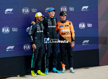 2024-07-06 - HAMILTON Lewis (gbr), Mercedes AMG F1 Team W15, portrait RUSSELL George (gbr), Mercedes AMG F1 Team W15, portrait NORRIS Lando (gbr), McLaren F1 Team MCL38, portrait during the Formula 1 Qatar Airways British Grand Prix 2024, 12th round of the 2024 Formula One World Championship from July 5 to 7, 2024 on the Silverstone Circuit, in Silverstone, United Kingdom - F1 - BRITISH GRAND PRIX 2024 - FORMULA 1 - MOTORS