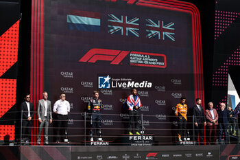 2024-07-07 - HAMILTON Lewis (gbr), Mercedes AMG F1 Team W15, portrait VERSTAPPEN Max (ned), Red Bull Racing RB20, portrait NORRIS Lando (gbr), McLaren F1 Team MCL38, portrait Peter 'Bono' Bonnington, senior race engineer for Lewis Hamilton BEN SULAYEM Mohammed (uae), President of the FIA, portrait podium during the Formula 1 Qatar Airways British Grand Prix 2024, 12th round of the 2024 Formula One World Championship from July 5 to 7, 2024 on the Silverstone Circuit, in Silverstone, United Kingdom - F1 - BRITISH GRAND PRIX 2024 - FORMULA 1 - MOTORS