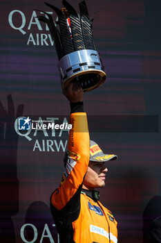 2024-07-07 - NORRIS Lando (gbr), McLaren F1 Team MCL38, portrait celebration podium trophy during the Formula 1 Qatar Airways British Grand Prix 2024, 12th round of the 2024 Formula One World Championship from July 5 to 7, 2024 on the Silverstone Circuit, in Silverstone, United Kingdom - F1 - BRITISH GRAND PRIX 2024 - FORMULA 1 - MOTORS