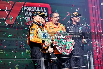 2024-07-21 - #44 Lewis Hamilton Of The Team Mercedes-Amg Petronas Formula One Team, Mercedes W15 And #81 Oscar Piastri And #4 Lando Norris Of The Team Mclaren Formula 1 Team, Mclaren Mercedes MCL38Of ,Celebrating The Final Podium ,During Fia Formula One World Championship F1 Hungarian Grand Prix 2024, 20 July In Budapest, Hungarian - FORMULA 1 HUNGARIAN GRAND PRIX 2024 - RACE - FORMULA 1 - MOTORS