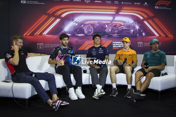 2024-07-18 - HULKENBERG Nico (ger), Haas F1 Team VF-24 Ferrari, portrait, GASLY Pierre (fra), Alpine F1 Team A524, portrait, ALBON Alexander (tha), Williams Racing FW46, portrait, PIASTRI Oscar (aus), McLaren F1 Team MCL38, portrait and ALONSO Fernando (spa), Aston Martin F1 Team AMR24, portrait at press conference during the Formula 1 Hungarian Grand Prix 2024, 13th round of the 2024 Formula One World Championship from July 19 to 21, 2024 on the Hungaroring, in Mogyorod, Hungary - F1 - HUNGARIAN GRAND PRIX 2024 - FORMULA 1 - MOTORS