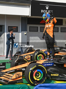 2024-07-21 - Oscar Piastri (AUS) - McLaren Formula 1 Team - McLaren MCL38 - Mercedes
 celebrating victory during Raceday on Sunday, July 21, of Formula 1 Hungarian Grand Prix 2024, scheduled to take place at Hungaroring track in Mogyorod, Budapest, Hungary, july 19 to july 21, 2024 - FORMULA 1 HUNGARIAN GRAND PRIX 2024 - RACE - FORMULA 1 - MOTORS