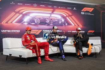 2024-10-19 - VERSTAPPEN Max (ned), Red Bull Racing RB20, SAINZ Carlos (spa), Scuderia Ferrari SF-24 and NORRIS Lando (gbr), McLaren F1 Team MCL38, portrait, press conference during the Formula 1 Pirelli United States Grand Prix 2024, 19th round of the 2024 Formula One World Championship from October 18 to 20, 2024 on the Circuit of the Americas, in Austin, United States of America - F1 - US GRAND PRIX 2024 - FORMULA 1 - MOTORS