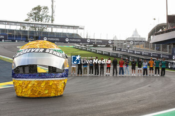 31/10/2024 - HAMILTON Lewis (gbr), Mercedes AMG F1 Team W15, portrait COLAPINTO Franco (arg), Williams Racing FW46, portrait ALBON Alexander (tha), Williams Racing FW46, portrait RUSSELL George (gbr), Mercedes AMG F1 Team W15, portrait NORRIS Lando (gbr), McLaren F1 Team MCL38, portrait SAINZ Carlos (spa), Scuderia Ferrari SF-24, portrait OCON Esteban (fra), Alpine F1 Team A524, portrait LECLERC Charles (mco), Scuderia Ferrari SF-24, portrait GASLY Pierre (fra), Alpine F1 Team A524, portrait BOTTAS Valtteri (fin), Stake F1 Team Kick Sauber C44, portrait ZHOU Guanyu (chi), Stake F1 Team Kick Sauber C44, portrait TSUNODA Yuki (jap), Visa Cash App RB F1 Team VCARB 01, portrait PIASTRI Oscar (aus), McLaren F1 Team MCL38, portrait STROLL Lance (can), Aston Martin F1 Team AMR24, portrait DRUGOVICH Felipe (bra), Aston Martin F1 Team AMR24, portrait at Senna Tribute with gigant replica Senna helmet, casque, created by local artists working with Sebastian Vettel and Senna Foundation during the Formula 1 Gra - F1 - SAO PAULO GRAND PRIX 2024 - FORMULA 1 - MOTORI