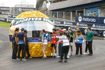 31/10/2024 - HAMILTON Lewis (gbr), Mercedes AMG F1 Team W15, portrait COLAPINTO Franco (arg), Williams Racing FW46, portrait ALBON Alexander (tha), Williams Racing FW46, portrait RUSSELL George (gbr), Mercedes AMG F1 Team W15, portrait NORRIS Lando (gbr), McLaren F1 Team MCL38, portrait SAINZ Carlos (spa), Scuderia Ferrari SF-24, portrait OCON Esteban (fra), Alpine F1 Team A524, portrait LECLERC Charles (mco), Scuderia Ferrari SF-24, portrait GASLY Pierre (fra), Alpine F1 Team A524, portrait BOTTAS Valtteri (fin), Stake F1 Team Kick Sauber C44, portrait ZHOU Guanyu (chi), Stake F1 Team Kick Sauber C44, portrait TSUNODA Yuki (jap), Visa Cash App RB F1 Team VCARB 01, portrait PIASTRI Oscar (aus), McLaren F1 Team MCL38, portrait STROLL Lance (can), Aston Martin F1 Team AMR24, portrait DRUGOVICH Felipe (bra), Aston Martin F1 Team AMR24, portrait at Senna Tribute with gigant replica Senna helmet, casque, created by local artists working with Sebastian Vettel and Senna Foundation during the Formula 1 Gra - F1 - SAO PAULO GRAND PRIX 2024 - FORMULA 1 - MOTORI