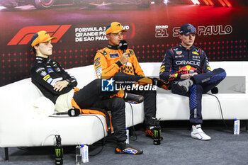 02/11/2024 - NORRIS Lando (gbr), McLaren F1 Team MCL38, PIASTRI Oscar (aus), McLaren F1 Team MCL38 and VERSTAPPEN Max (ned), Red Bull Racing RB20, portrait, press conference during the Formula 1 Grande Premio de Sao Paulo 2024, 21th round of the 2024 Formula One World Championship from November 1 to 3, 2024 on the Interlagos Circuit, in Sao Paulo, Brazil - F1 - SAO PAULO GRAND PRIX 2024 - FORMULA 1 - MOTORI